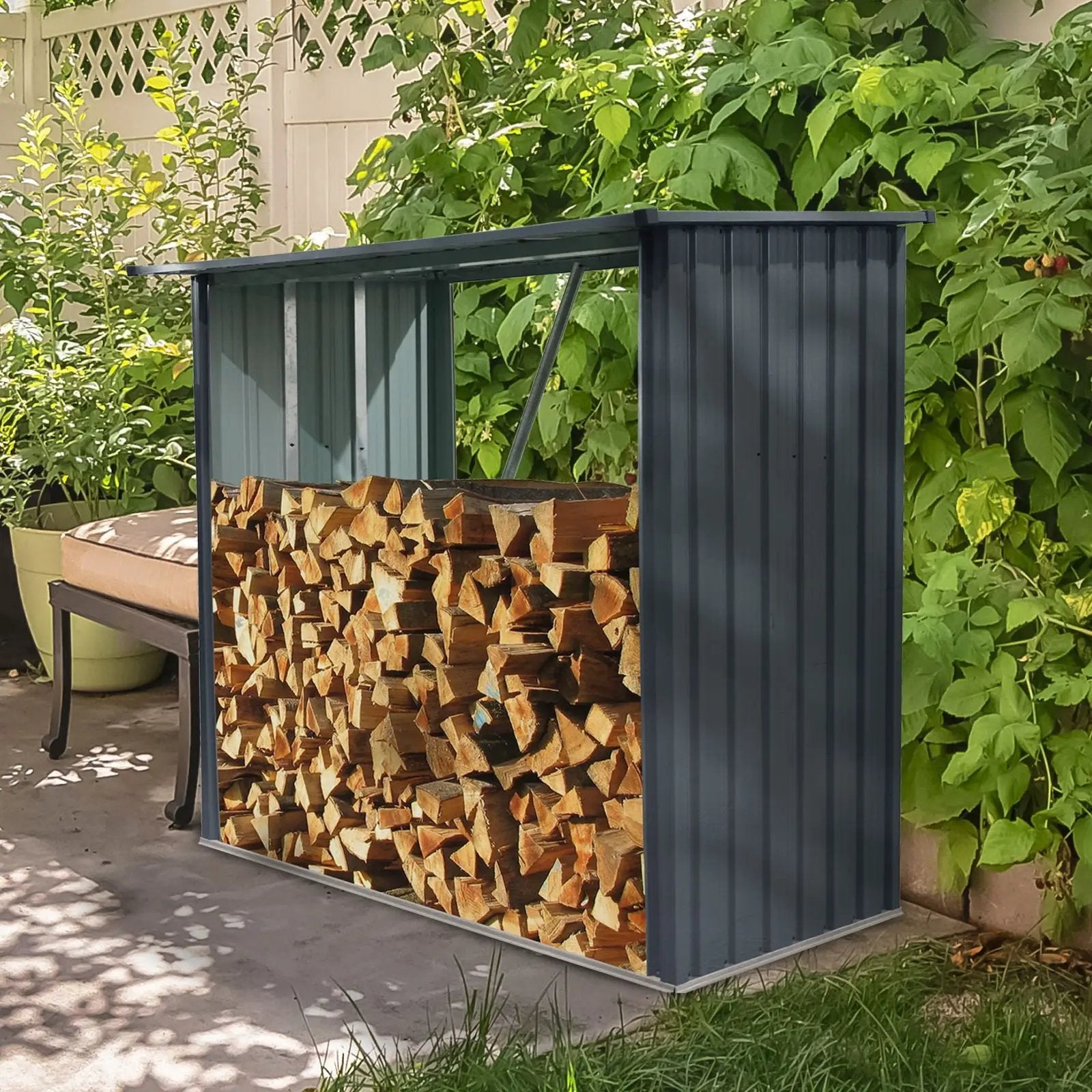Outdoor Steel Firewood Rack, Open Wood Shed With Sloped Roof For Firewood, Pellet, Or Lumber Storage - Black by HouseOfZazla