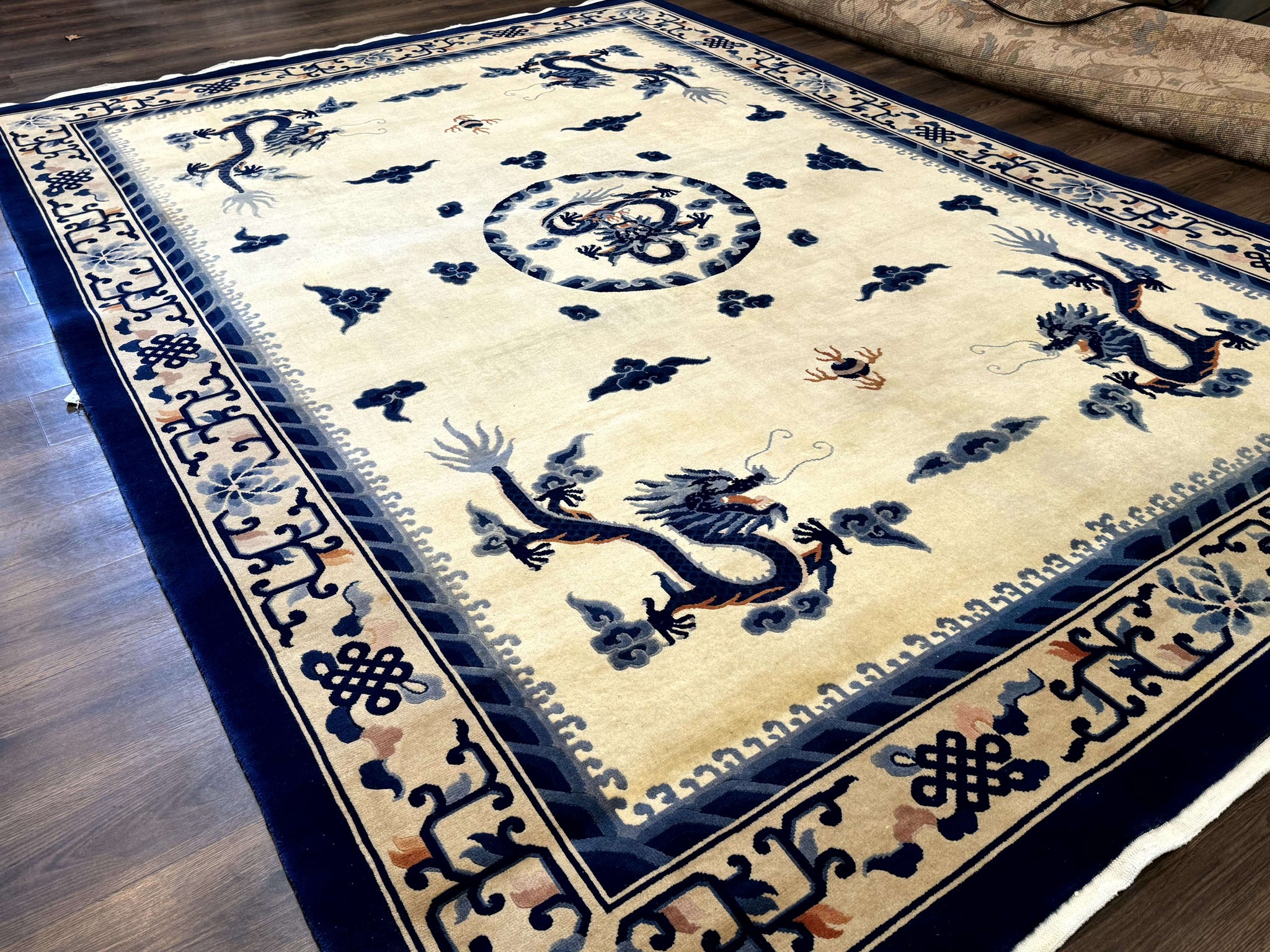 Chinese Dragon Peking Rug 8 x 11.6, Ivory and Blue, Chinese Wool Rug, Vintage by Jewel Rugs