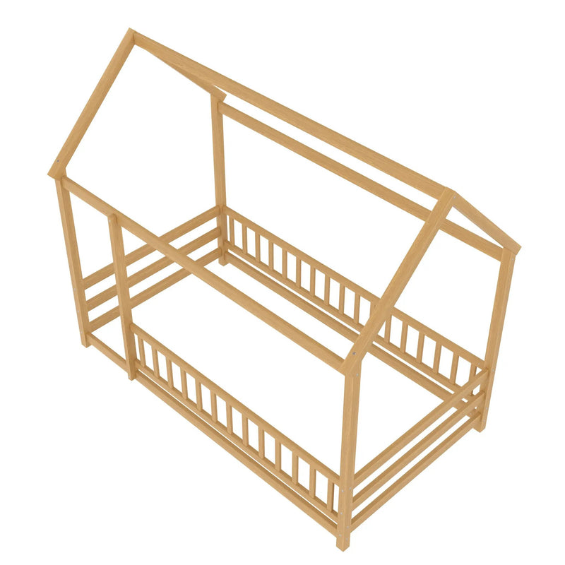 Twin Size Floor Wooden Bed with House Roof Frame, Fence Guardrails by HouseOfZazla