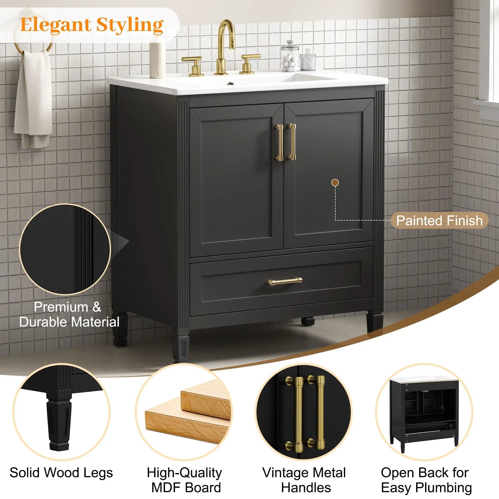 Elegant Fluted Bathroom Vanity With Sink, Soft Close Doors & Drawer by HouseOfZazla