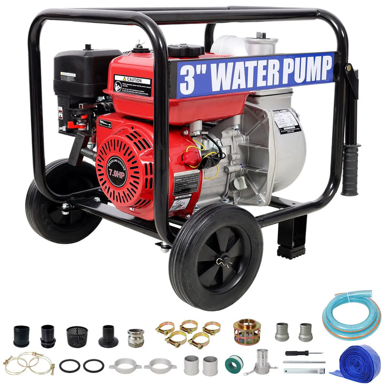 Gas Engine Powered Water Pump 3" Inlet & Outlet 7Hp 212Cc Epa Certified With Wheels And Handle - Black / Red by HouseOfZazla