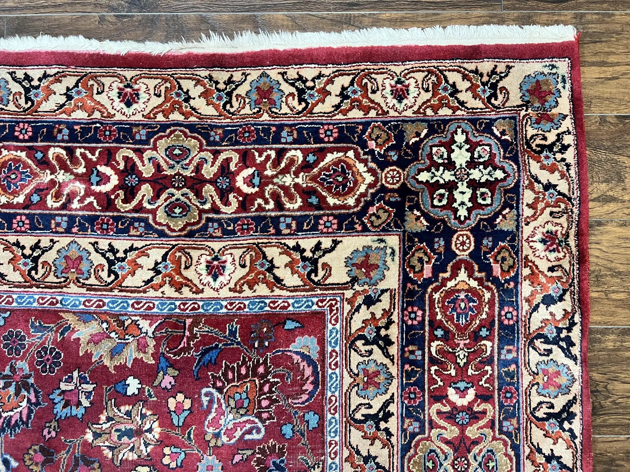 Signed Persian Mashad Rug 8x10, Wool Oriental Carpet, Semi Antique Rug, Hand Knotted, Traditional, Red, Floral Allover, by Jewel Rugs