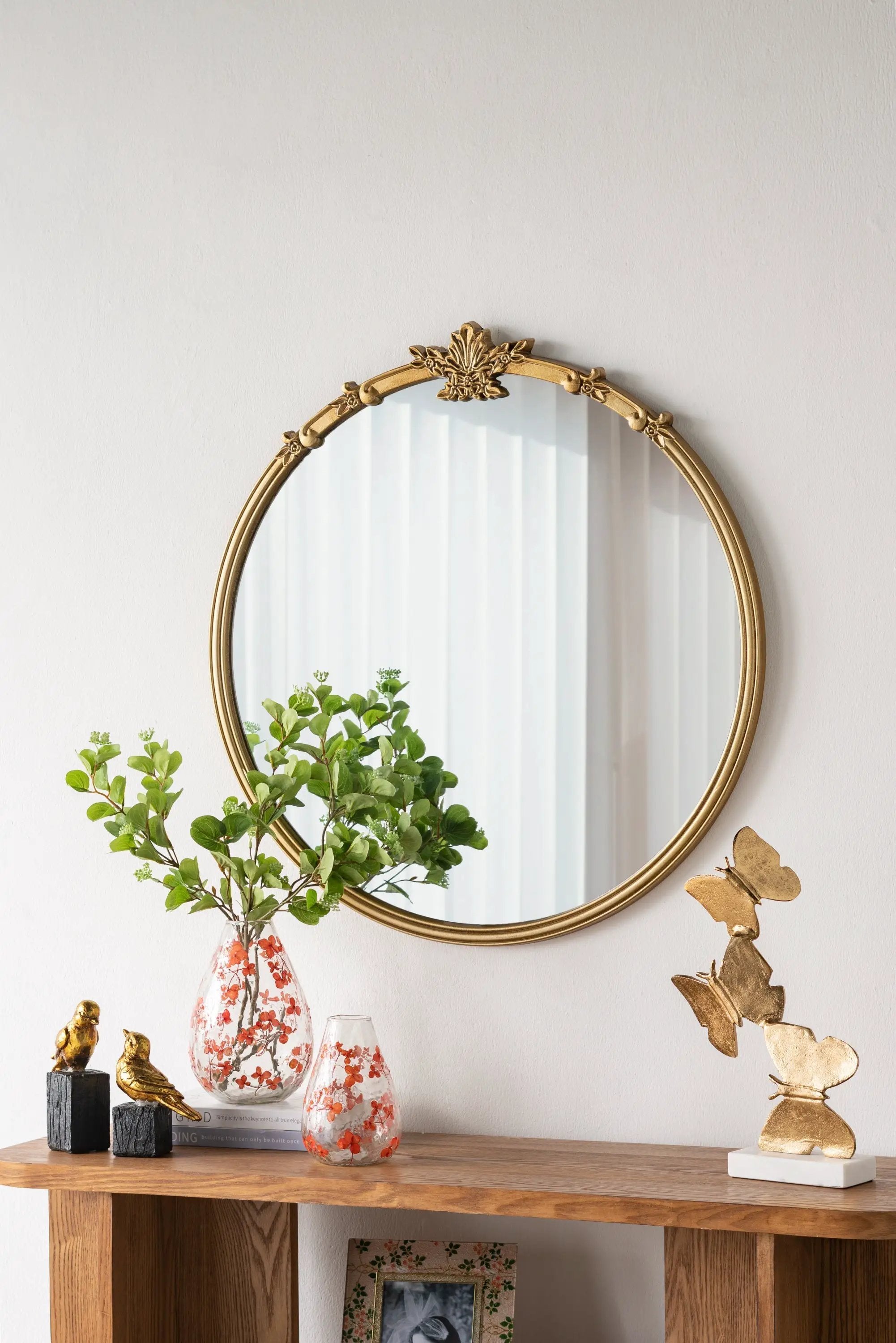 30x31" Round Wall Mirror with Gold Finish and Decorative Leaf Crest by HouseOfZazla
