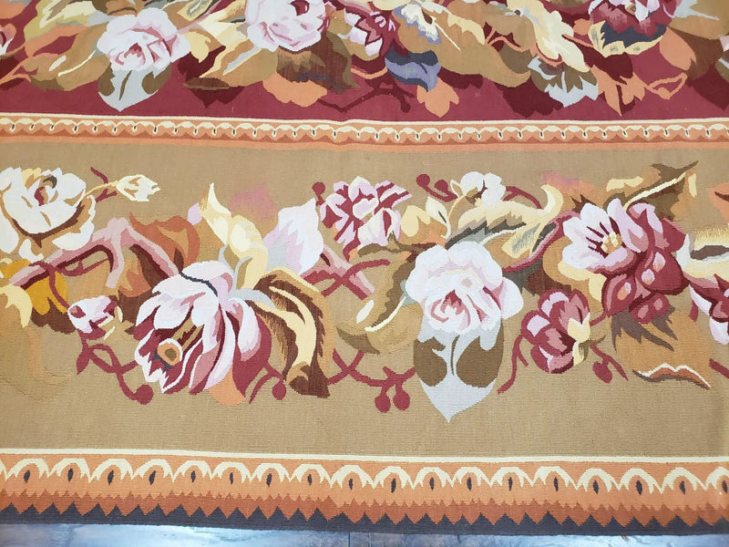 Vintage Chinese Aubusson Savonnerie Flat Pile Rug 9.9 x 14.5 Wool Handwoven Red & Khaki Large Flowers Rug 9x14 - 10x15 Michaelian Kolhberg by Jewel Rugs