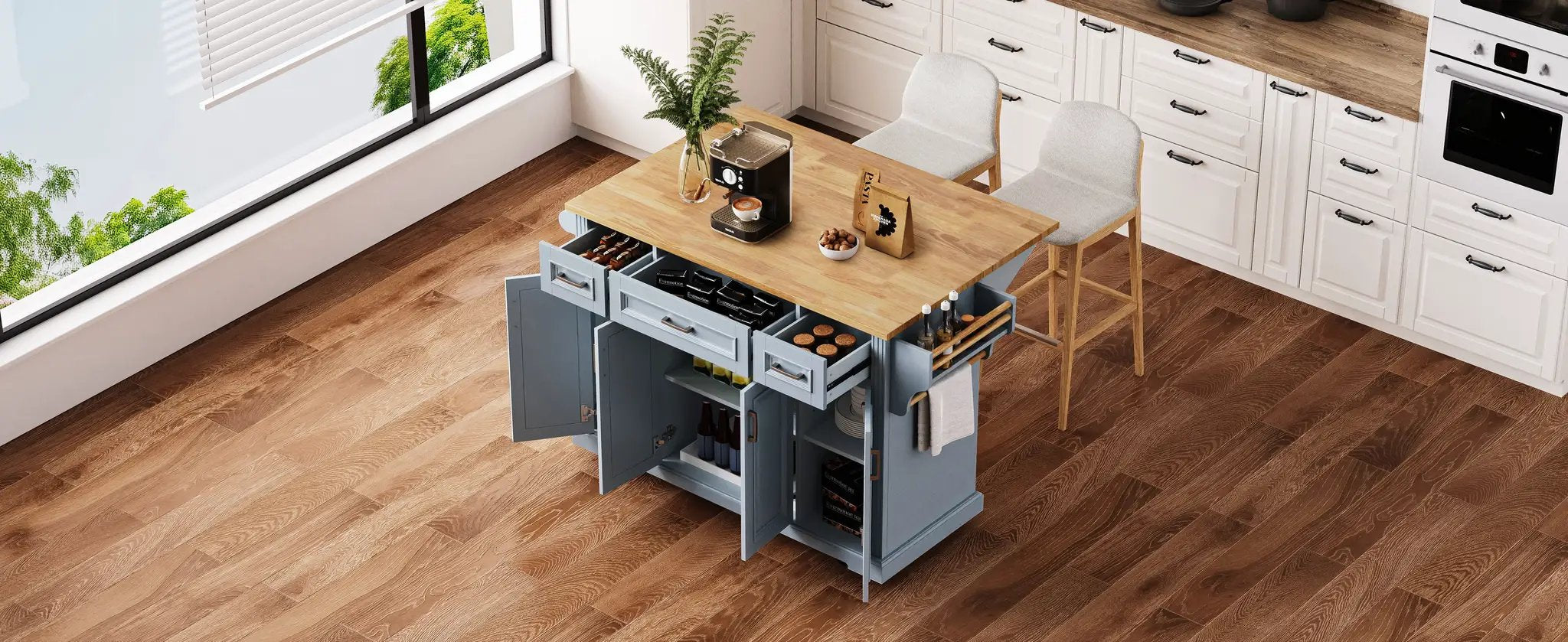 K&K 54inch Large Kitchen Island with Rubber Wood Drop Leaf by HouseOfZazla