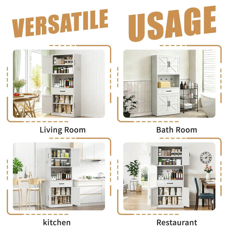 Kitchen Pantry Cabinet With Adjustable Shelves, Drawers, Hooks And Large Countertop - White by Unique Piece Furniture