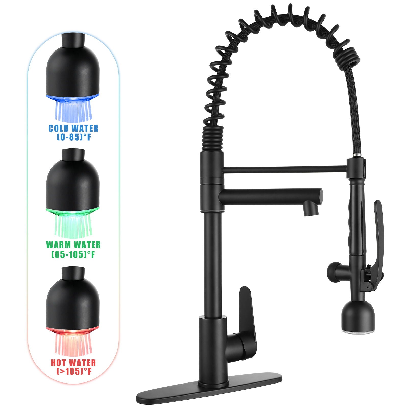 Kitchen Sink Faucet With LED Pull Down Sprayer, Single Handle High Arc Faucet, Dual Spouts, Deck Mount - Matte Black by HouseOfZazla