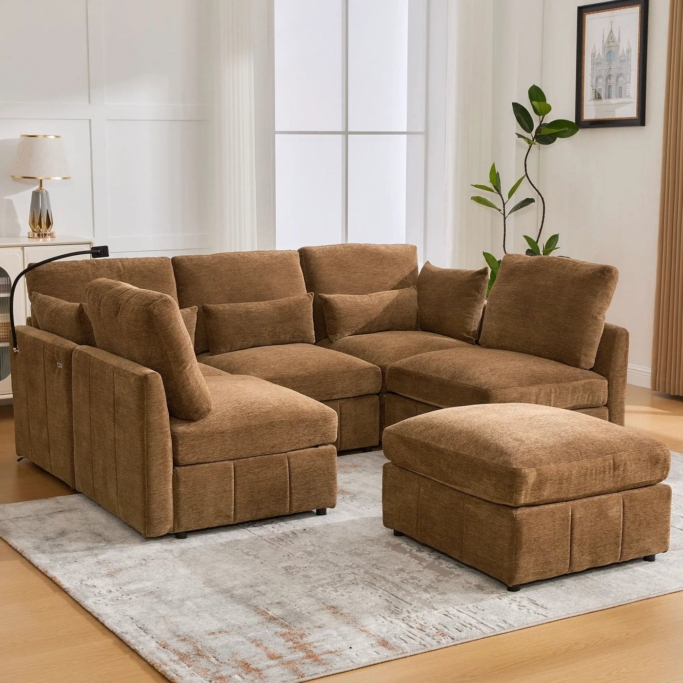 Modern Modular U-Shaped Sofa Bed With Movable Ottoman, USB Ports, Phone Holder by Unique Piece Furniture