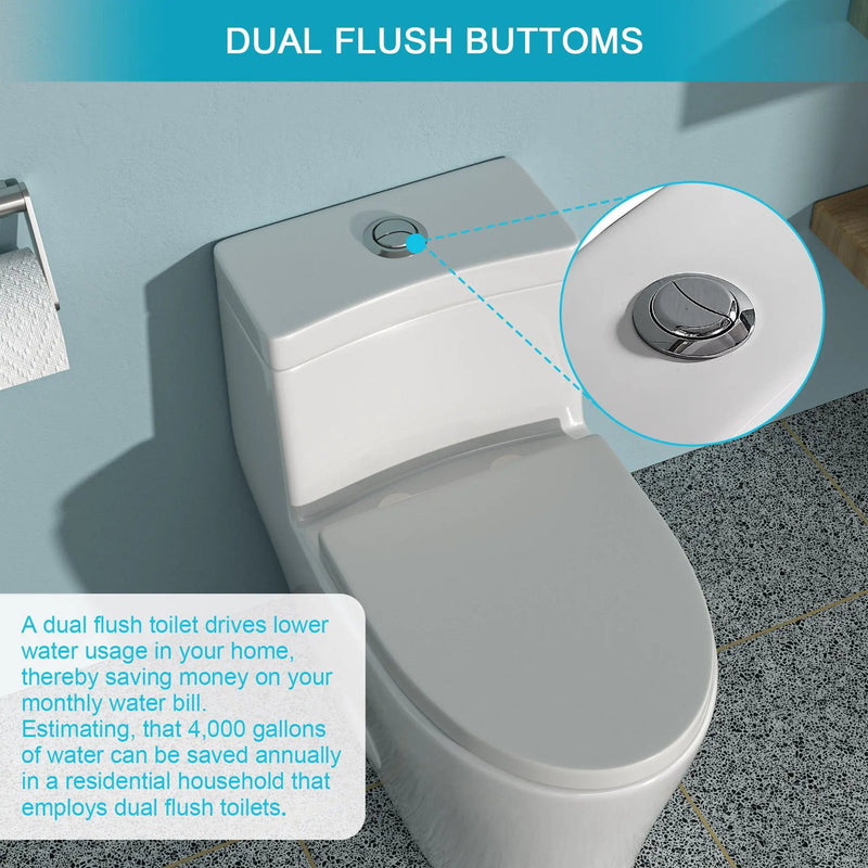 1 Piece Toilet, Dual Flush, Soft Closing Seat - White by HouseOfZazla