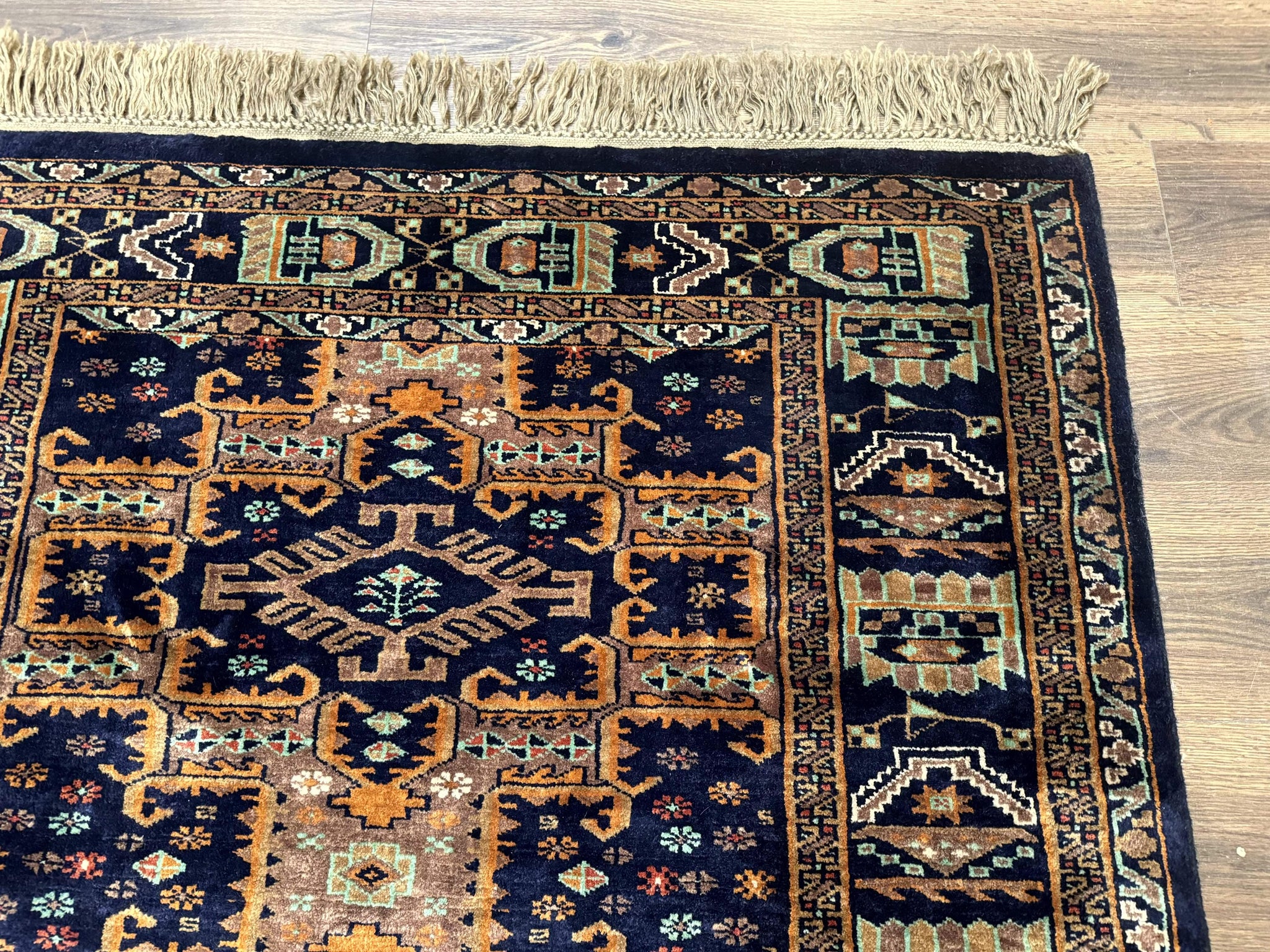 Vintage Afghan Rug 4x6, Navy Blue and Light Brown, Geometric Medallions, Wool on Wool, Tribal Rug by Jewel Rugs