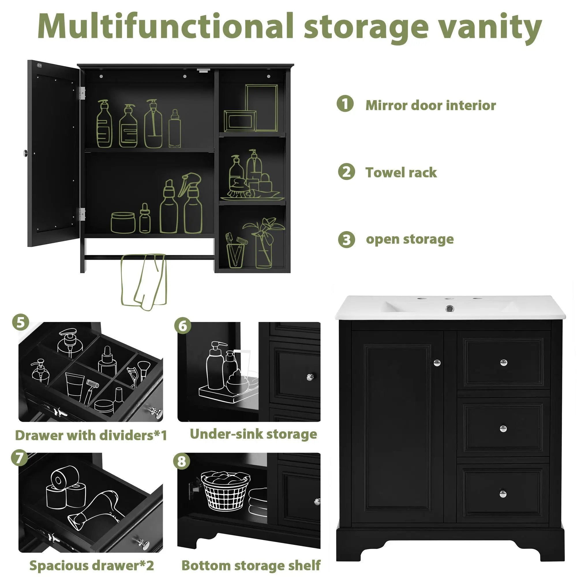 Bathroom Vanity With Sink, Modern Elegant Bathroom Storage Cabinet With 3 Drawers And Adjustable Shelves, Freestanding Vanity Set With Mirror Cabinet, Single Sink Bathroom Vanity by HouseOfZazla