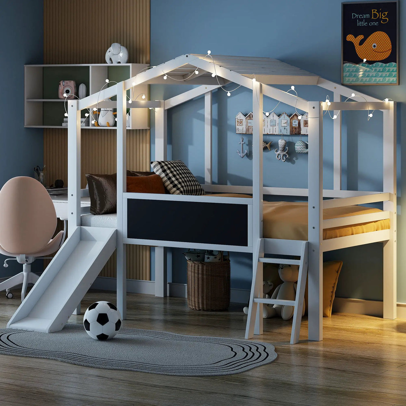 Loft House Bed With Ladder And Slide, With board And Light Strip On The Roof by Unique Piece Furniture