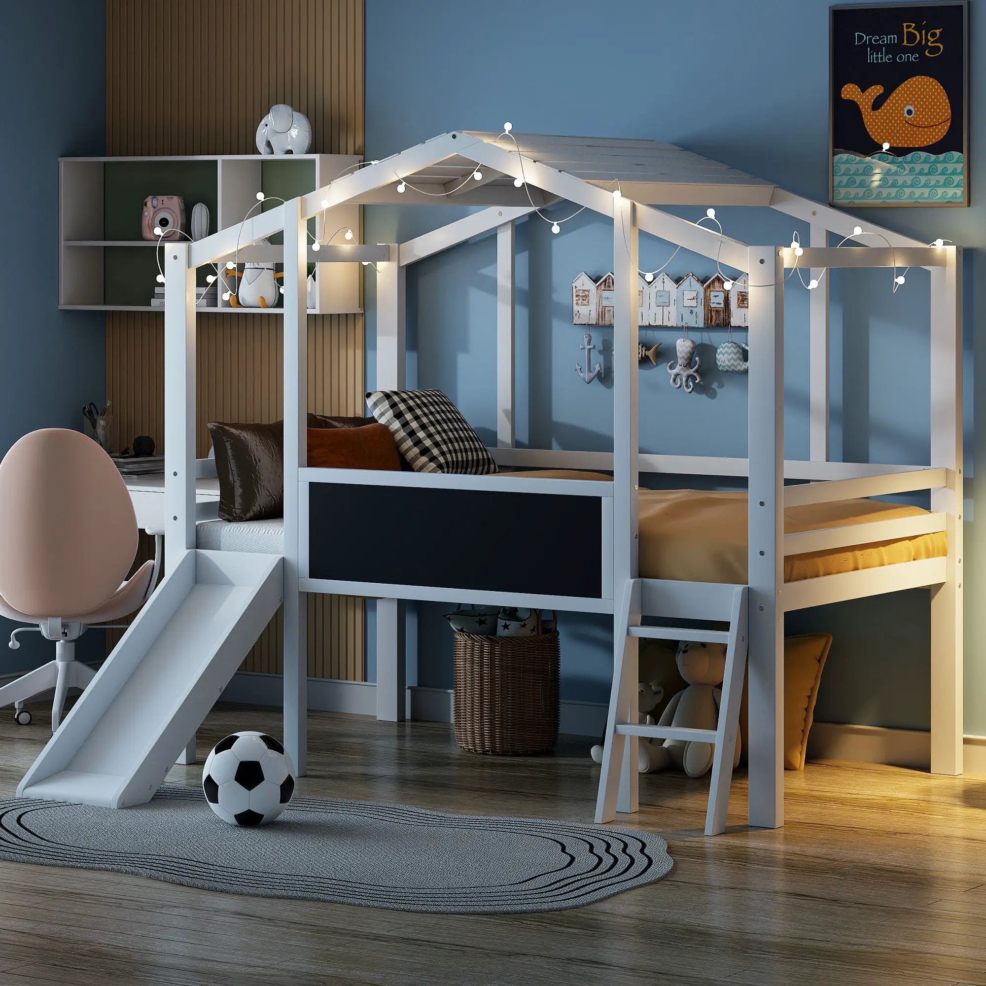 Loft House Bed With Ladder And Slide, With board And Light Strip On The Roof by Unique Piece Furniture