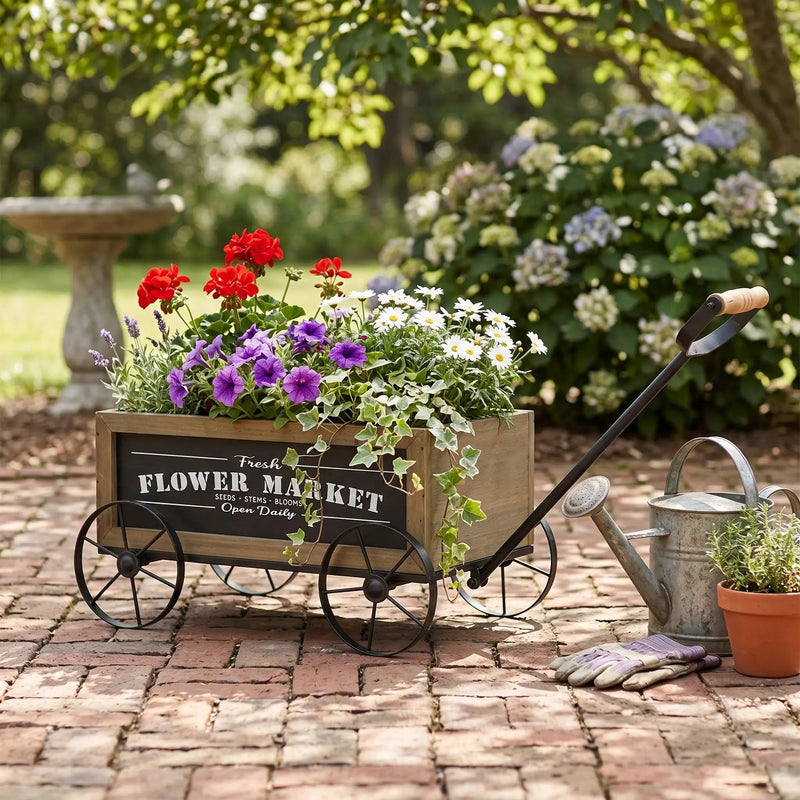 16.5x9.5x8" Rustic Wooden Wagon Planter with Flower Market Sign by HouseOfZazla