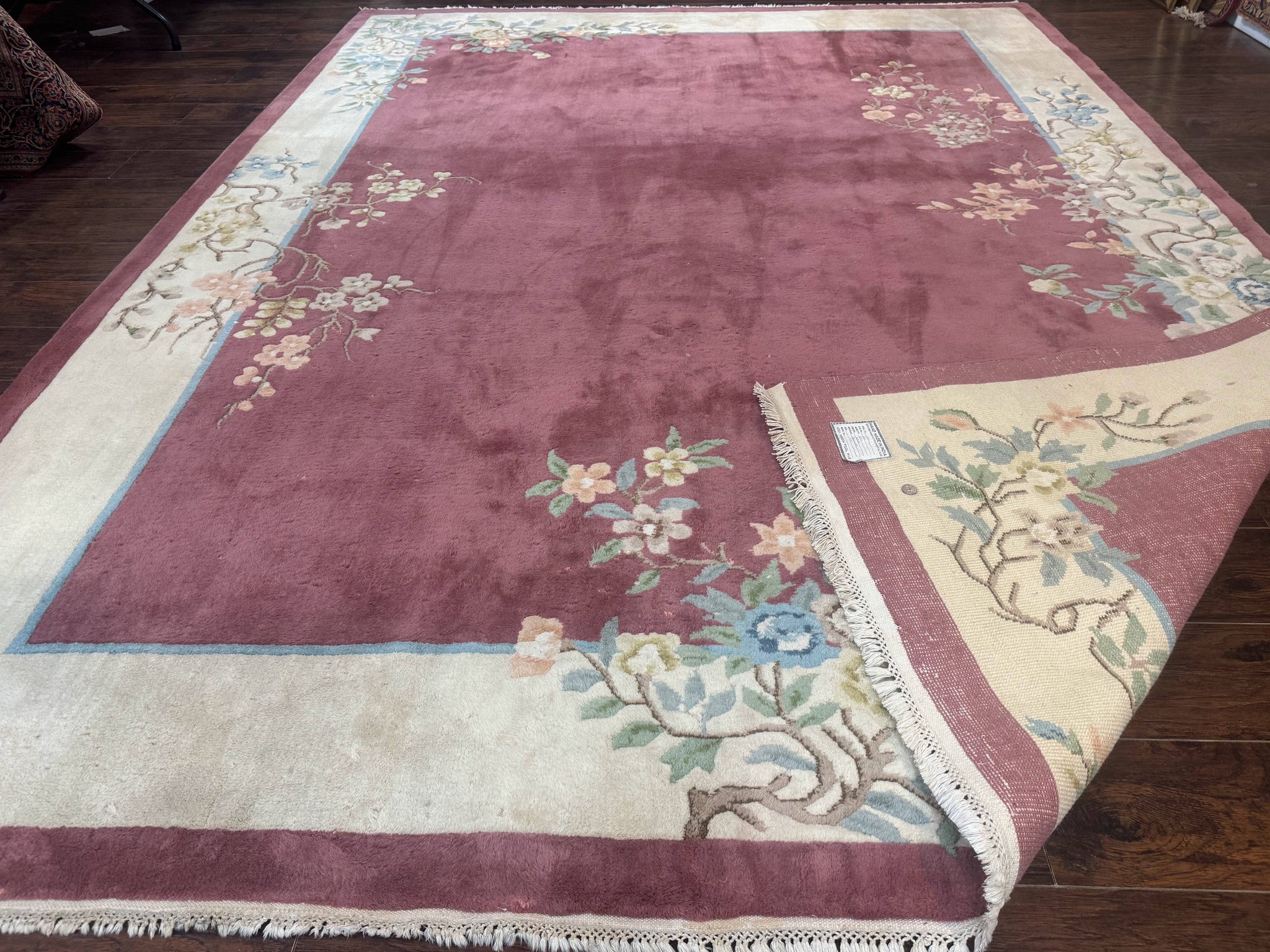 Indo Chinese Art Deco Rug 9x12, Pink and Ivory, Open Filed, Floral, Wool by Jewel Rugs