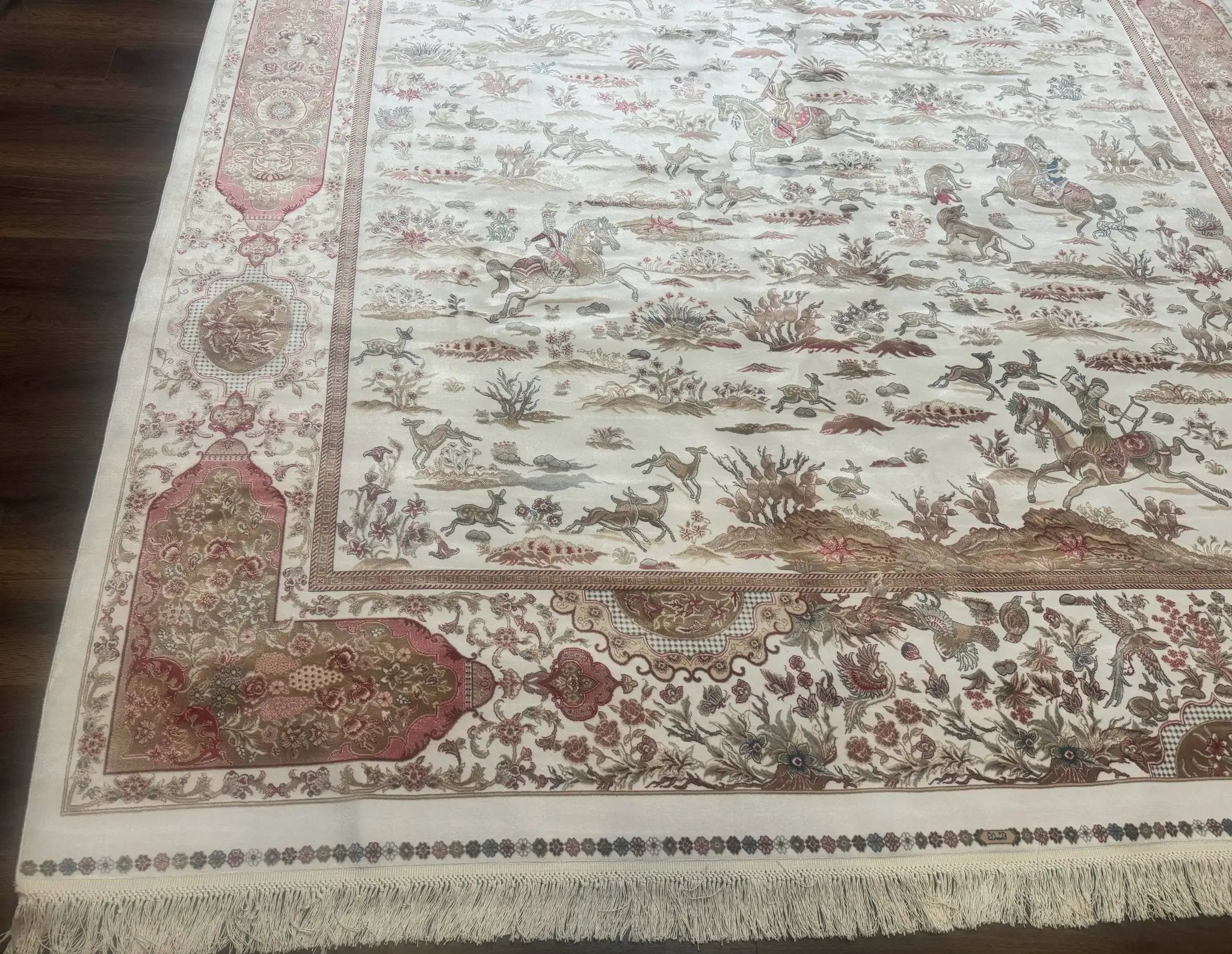 Large Turkish Silk Rug 8x10, Ivory, Hunting Design, Bamboo Silk, New by Jewel Rugs
