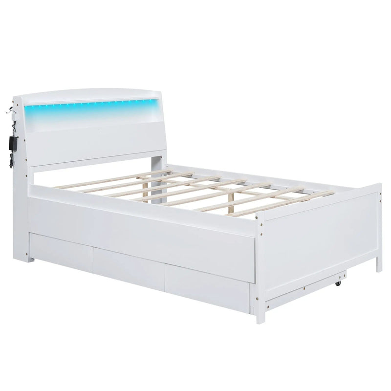Full Size Platform Bed With Storage LED Headboard, Twin Trundle And 3 Drawers - White by Unique Piece Furniture