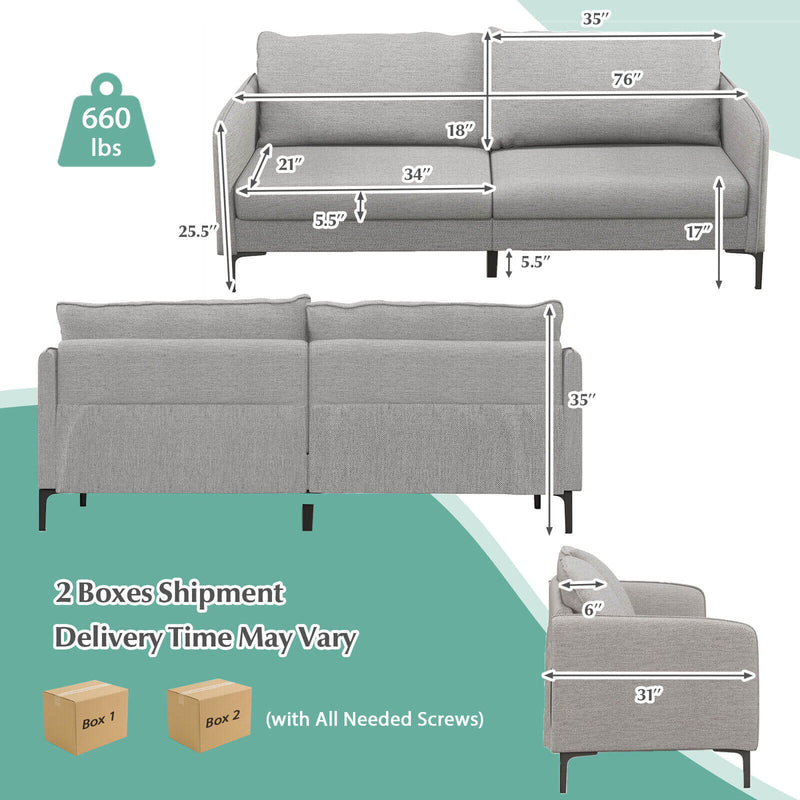 Modern 76 Inch Loveseat Sofa Couch for Apartment Dorm with Metal Legs-Gray by DirectDeals