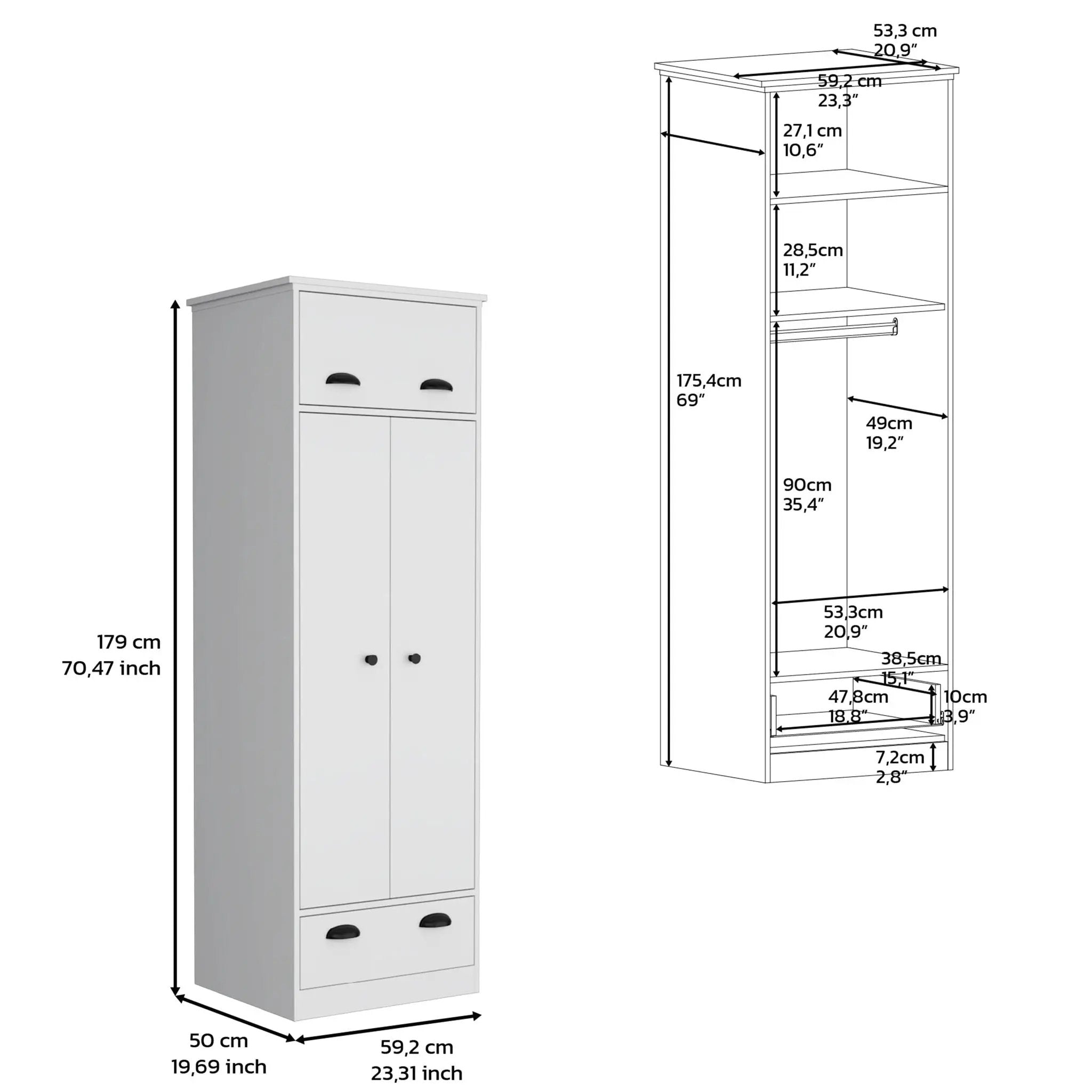 Dresser Closet With Upper Storage Covered With 1 Door, 2 Central Shelves, 1 Tube For Hanging Clothes Covered By 2 Doors, 1 Drawer At The Bottom - White by Unique Piece Furniture