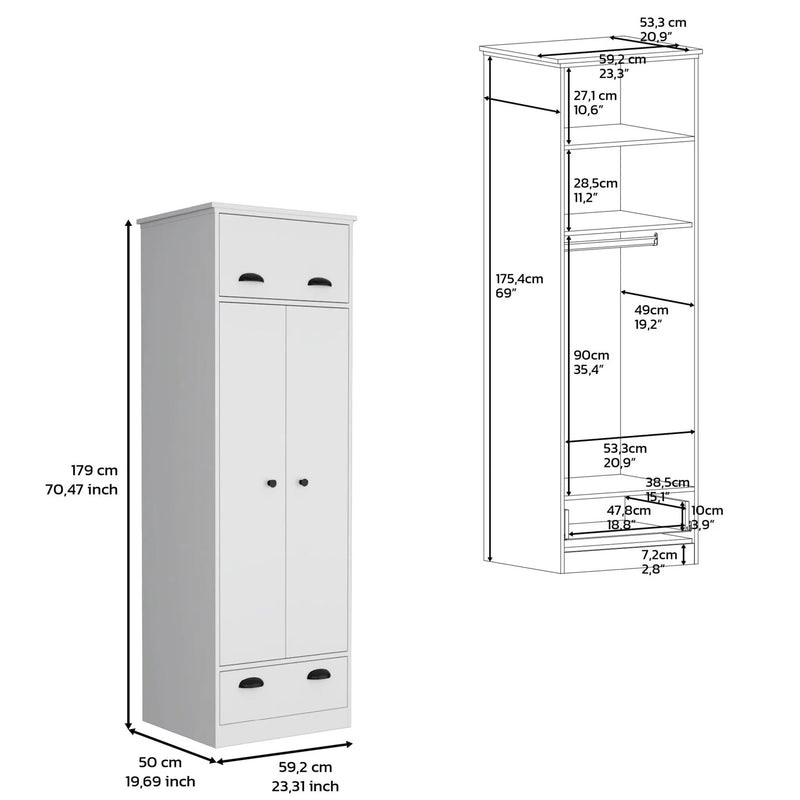 Dresser Closet With Upper Storage Covered With 1 Door, 2 Central Shelves, 1 Tube For Hanging Clothes Covered By 2 Doors, 1 Drawer At The Bottom - White by HouseOfZazla
