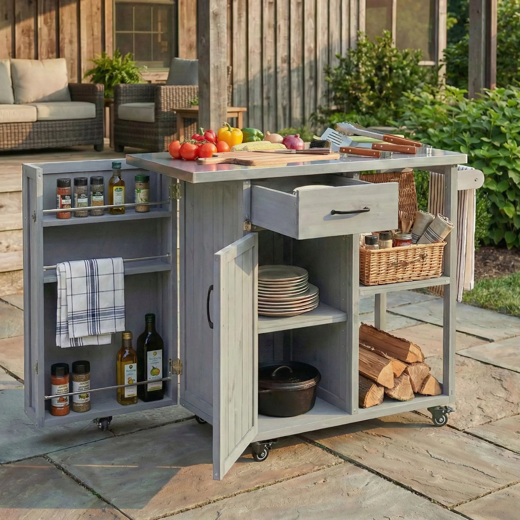 Outdoor Kitchen Island Fir Wood Prep Station with Stainless Steel Top by HouseOfZazla