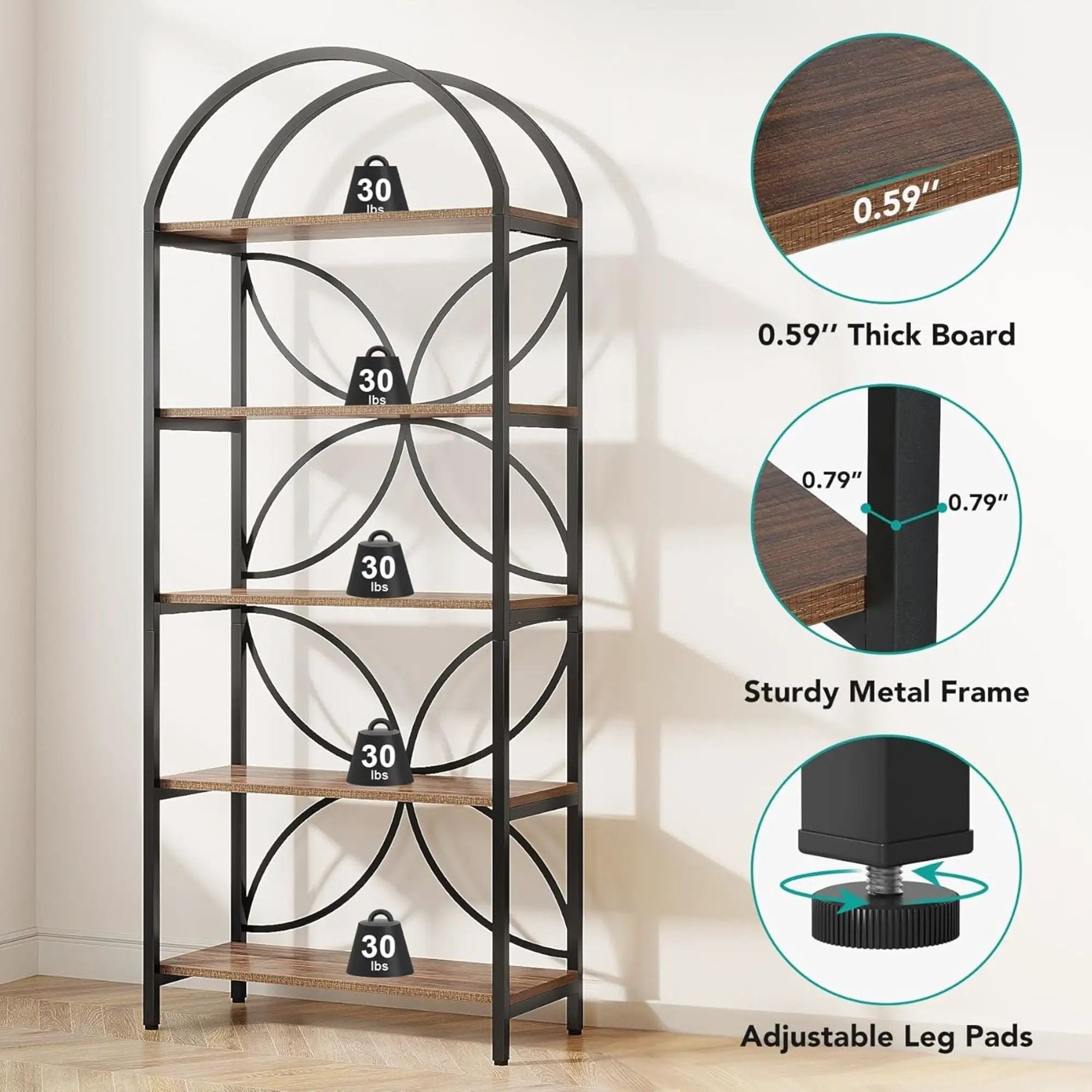 Tall 5 Tier Arched Bookshelf With Shelves For Living Room - Rustic Brown by HouseOfZazla