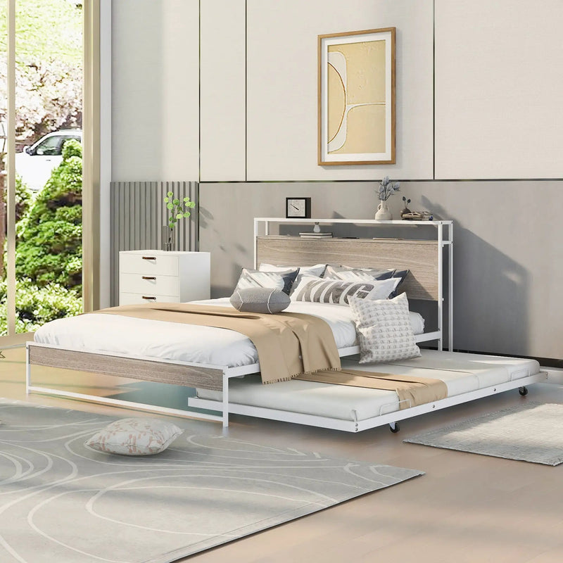 Platform Bed Frame With Trundle, USB Ports And Slat Support, No Box Spring Needed by HouseOfZazla