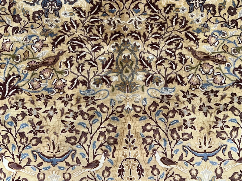 Pretty Indo Persian Rug 6x9, Allover Floral Motif with Birds, Tan/Cream, Very Fine Oriental Carpet, Hand Knotted Vintage Indian Wool Rug by Jewel Rugs
