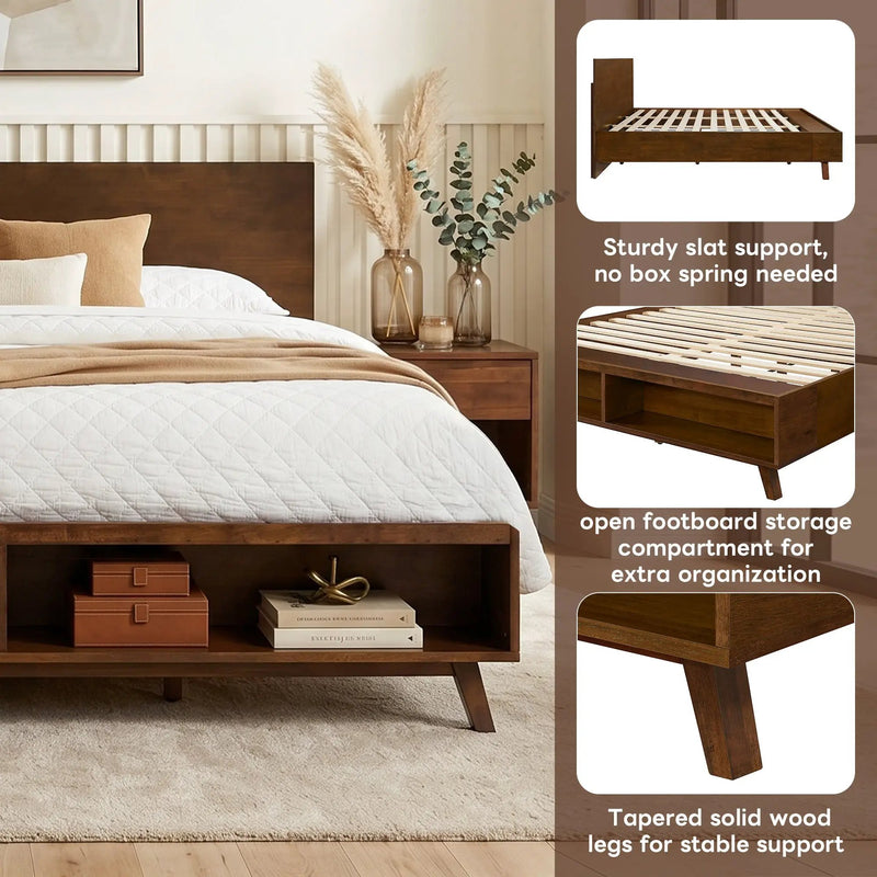 Walnut Queen Size Platform Bed Frame with Footboard Storage by HouseOfZazla