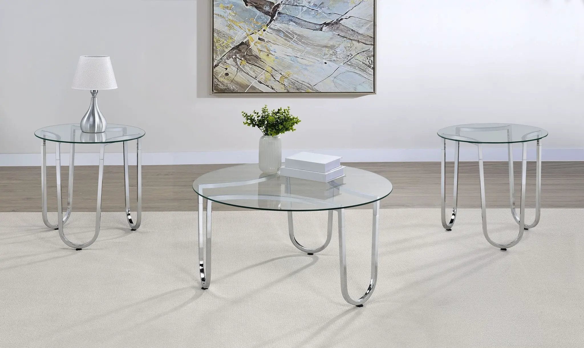 Beller 3-piece Round Tempered Glass Top Coffee Table Set Chrome by Unique Piece Furniture