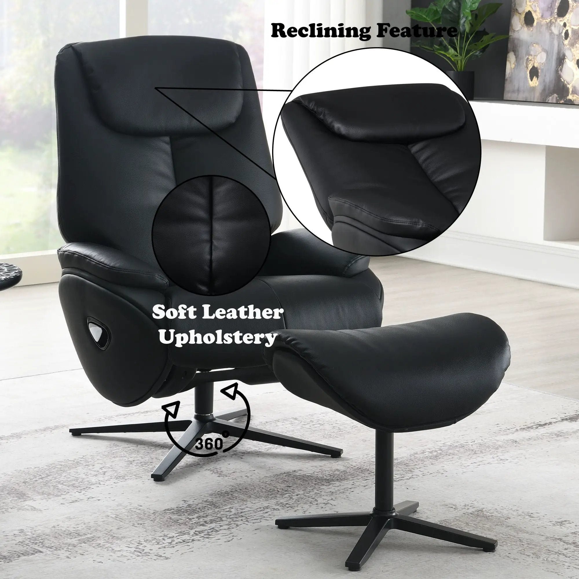Labotina - Top Grain Leather Accent Chair With Swivel & Ottoman - Black by Unique Piece Furniture