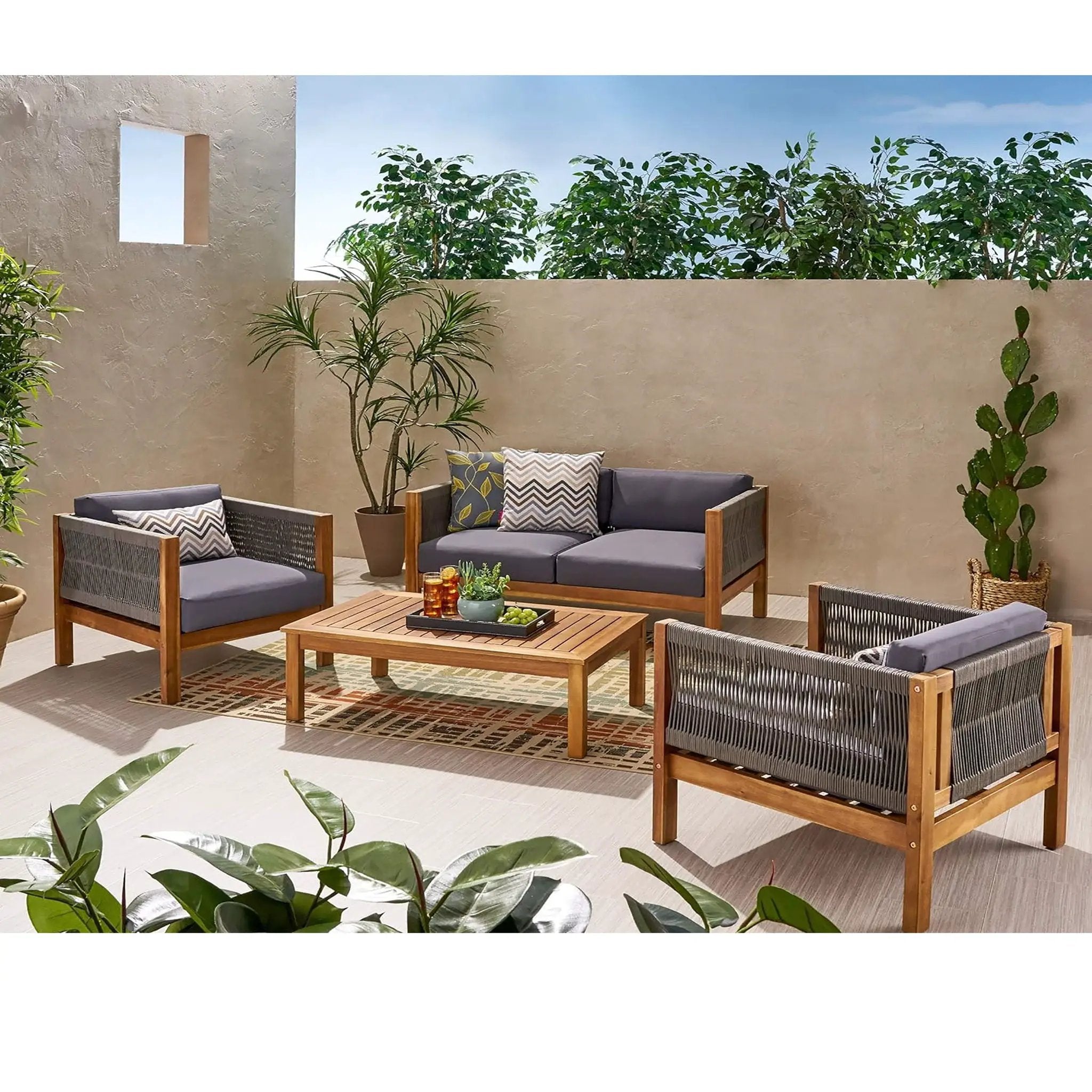 Charlotte Outdoor And Rope 4 Seater Chat Set With Cushions - Teak by HouseOfZazla