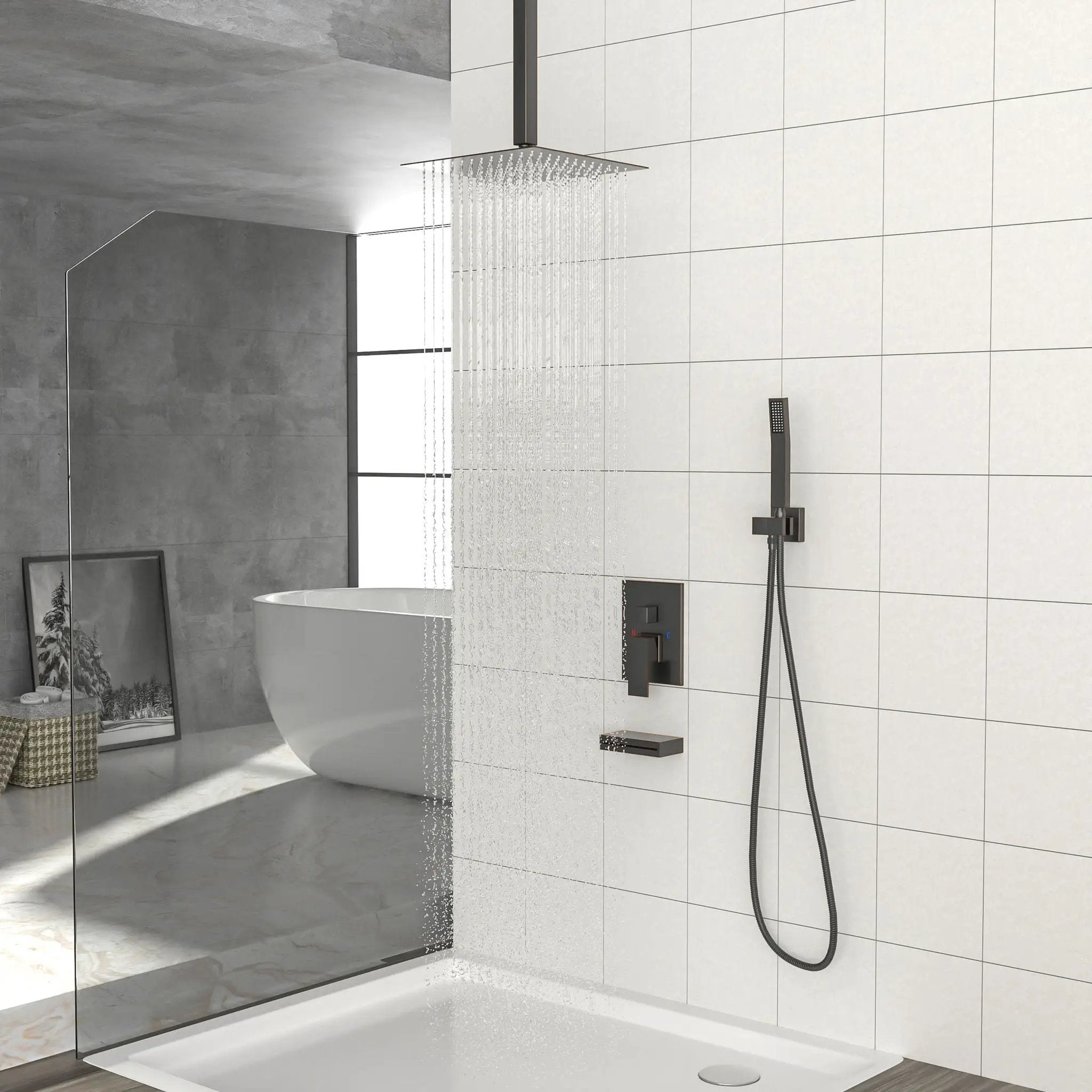Shower System With Waterfall Tub Spout And 12" Ceiling Mount Square Shower Head - Oil-Rubbed Bronze by HouseOfZazla