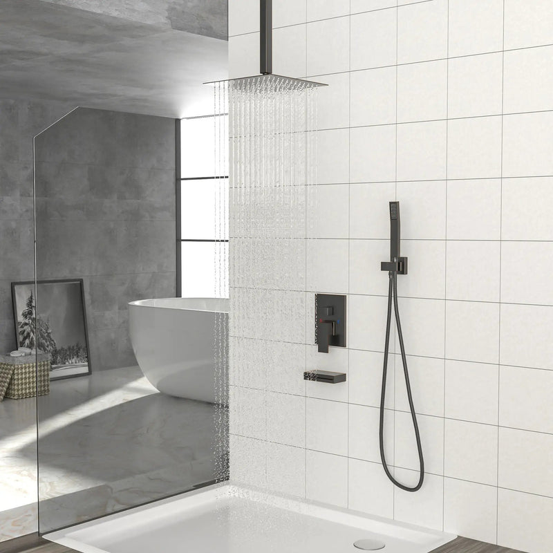 Shower System With Waterfall Tub Spout And 12" Ceiling Mount Square Shower Head - Oil-Rubbed Bronze by HouseOfZazla
