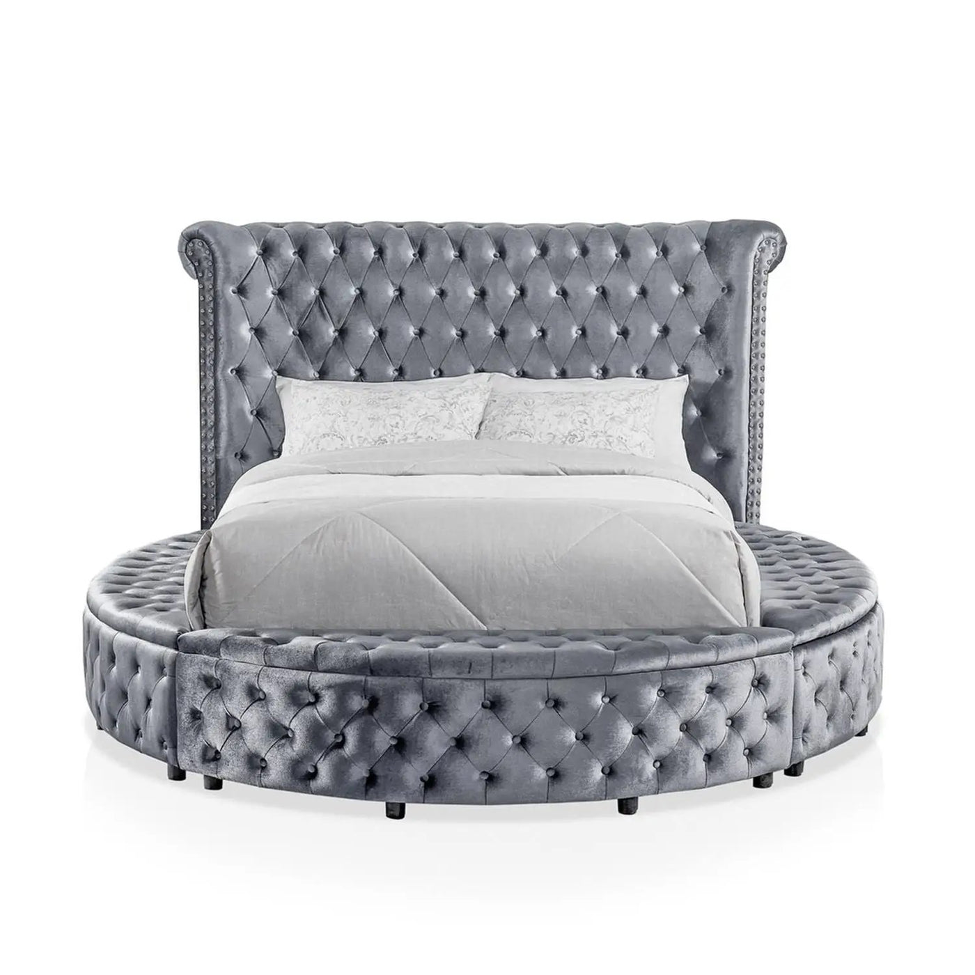 Glam Button Tufted Wingback Round Bed With Storage And USB Ports by Unique Piece Furniture