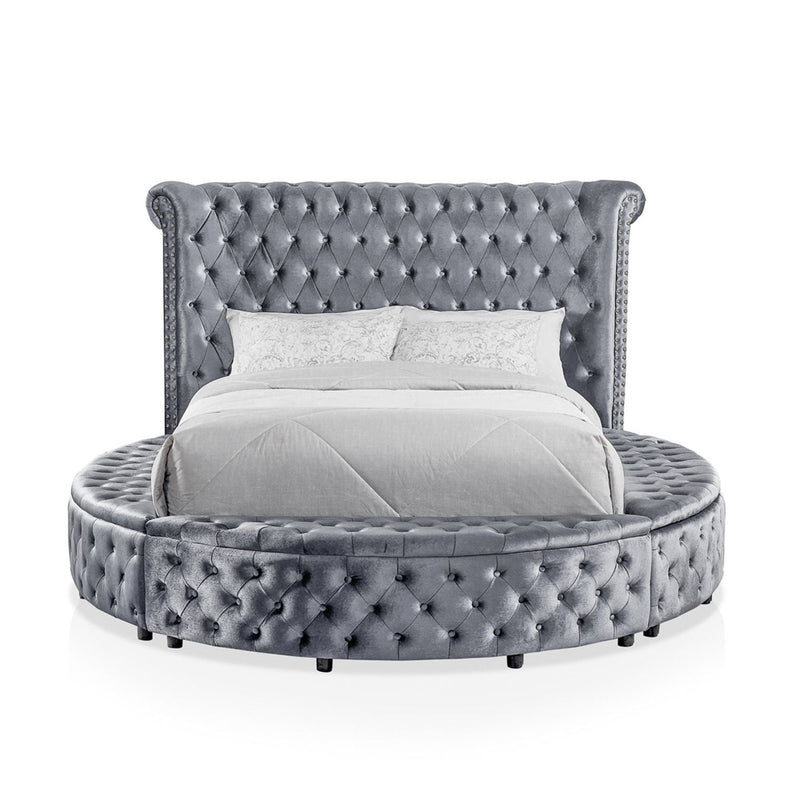 Glam Button Tufted Wingback Round Bed With Storage And USB Ports by Unique Piece Furniture