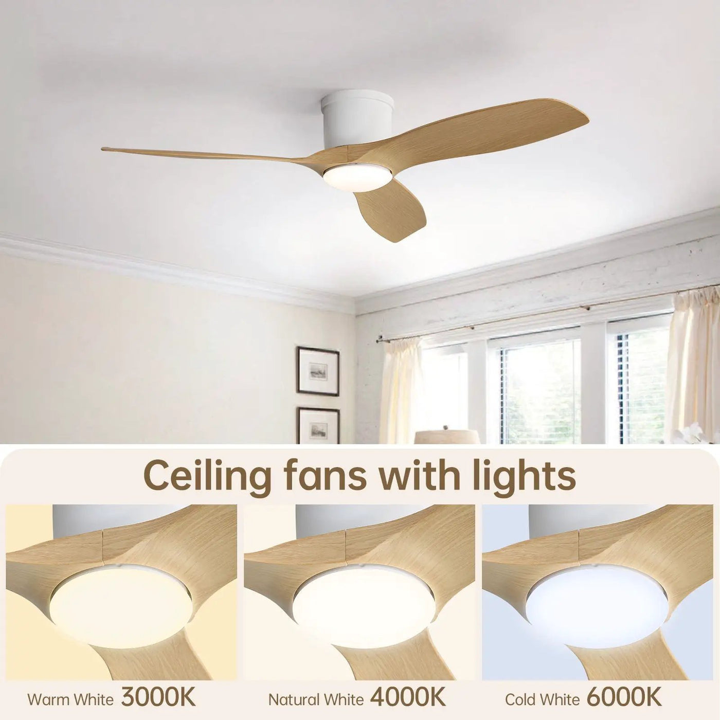 Flush Mount Ceiling Fan With Dimmable LED Light, 3 Blades, Reversible DC Motor Blades For Living Room by Unique Piece Furniture