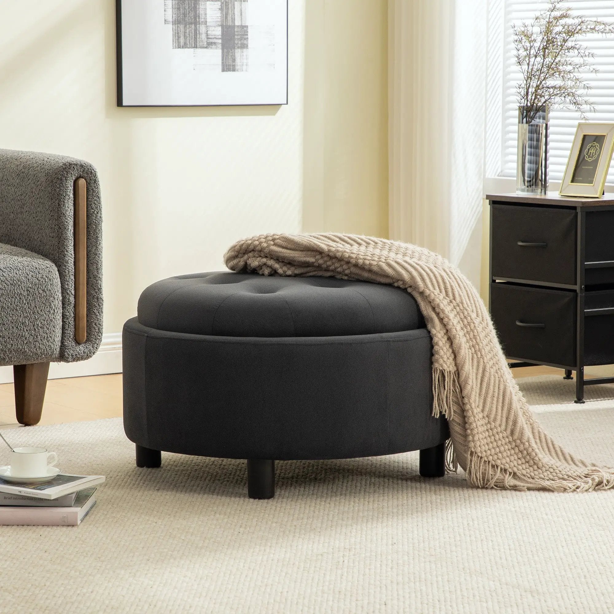 29.33"W Upholstered Round Ottoman With Reversible Lid by HouseOfZazla