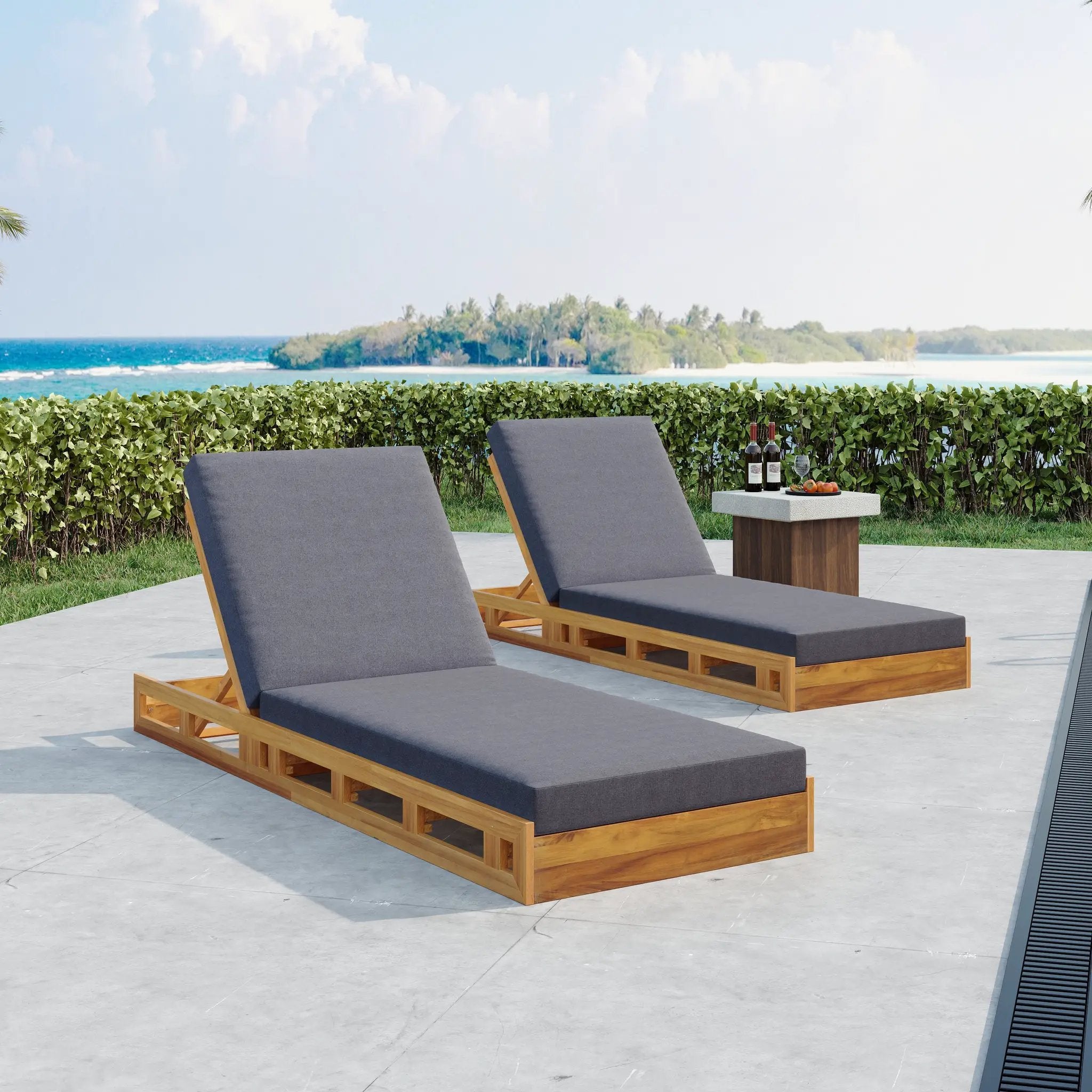 Lounge Chaise Set - Acacia Wood with Water-Resistant Cushions by HouseOfZazla