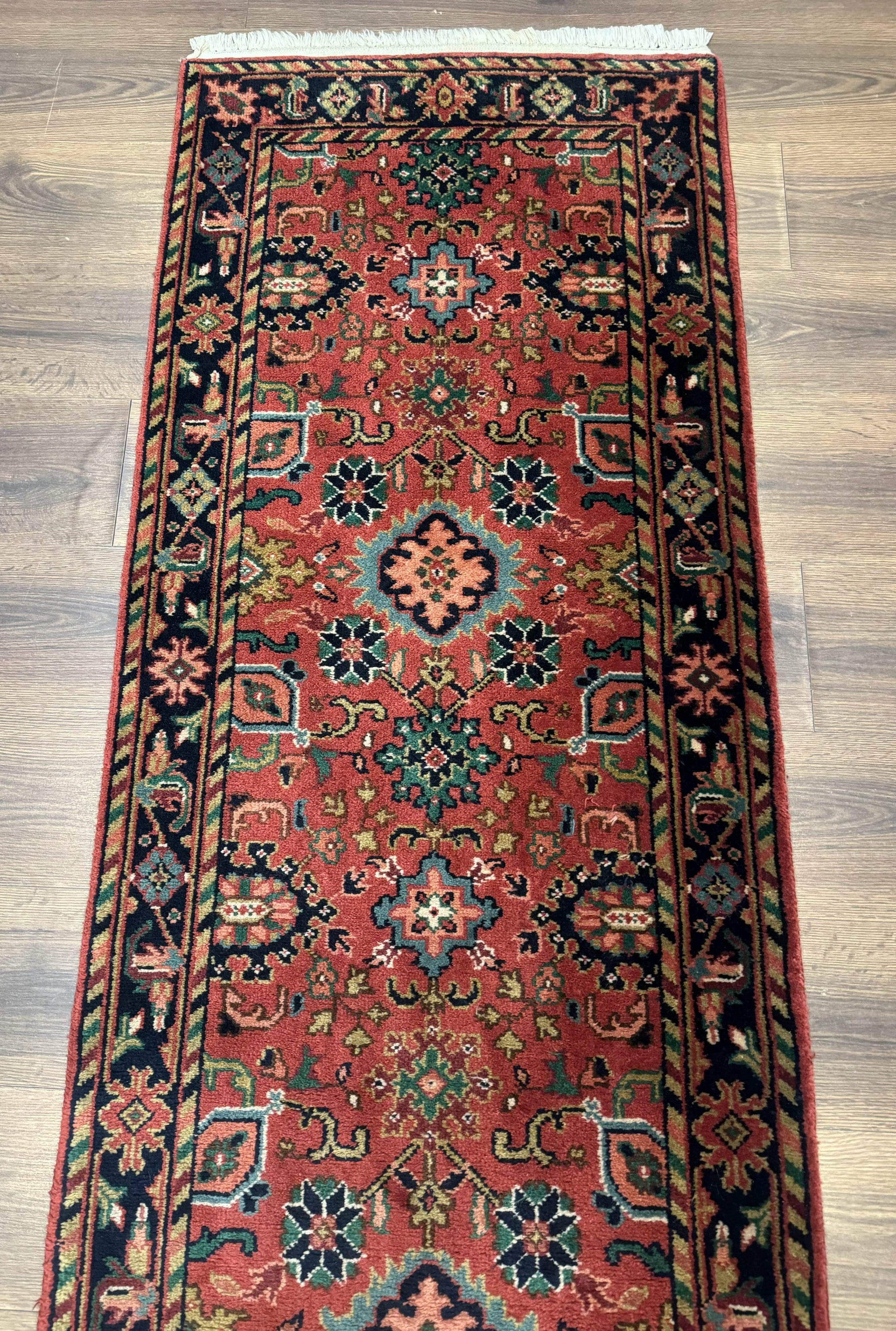 Indo Persian Heriz Runner Rug 2 x 12 ft, Hand Knotted Wool Hallway Rug, Red & Black by Jewel Rugs