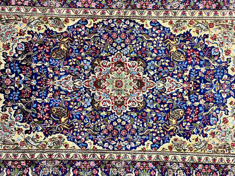Persian Kirman Rug 6x9, Floral Medallion Vintage Wool Handmade Carpet 6 x 9, Animal Pictorials Birds, Semi Antique, Navy Blue, Millefleur by Jewel Rugs