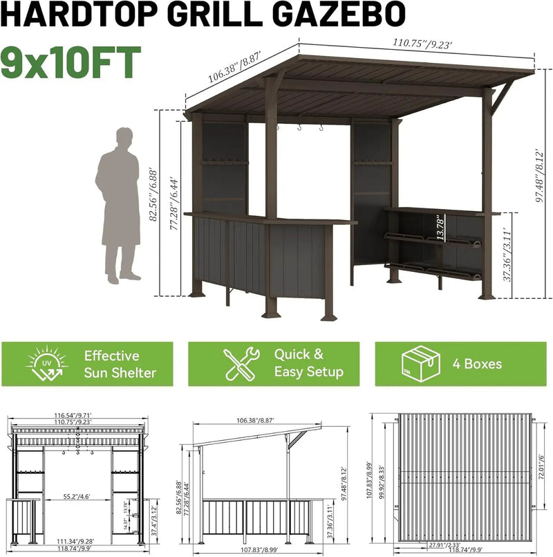 9X10FT Hardtop Grill Gazebo, Lean To Outdoor BBQ Gazebo with Storage Shelves and Expansion Platform by HouseOfZazla