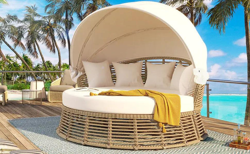 Outdoor Patio Rattan Round Daybed with Retractable Canopy by HouseOfZazla