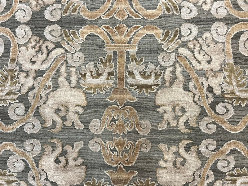 Spanish Rug 11x14, Wool Hand Knotted Vintage Carpet, Olive Green and Beige, Floral Allover, European Design, 11 x 14 Rug by Jewel Rugs