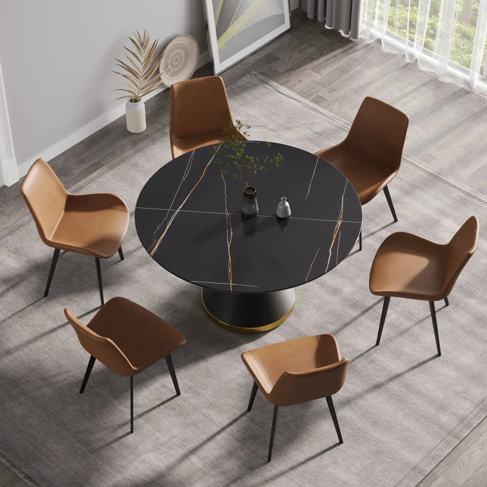 Modern Artificial Stone Round Carbon Steel Base Dining Table, Can Accommodate 6 People - Black by HouseOfZazla