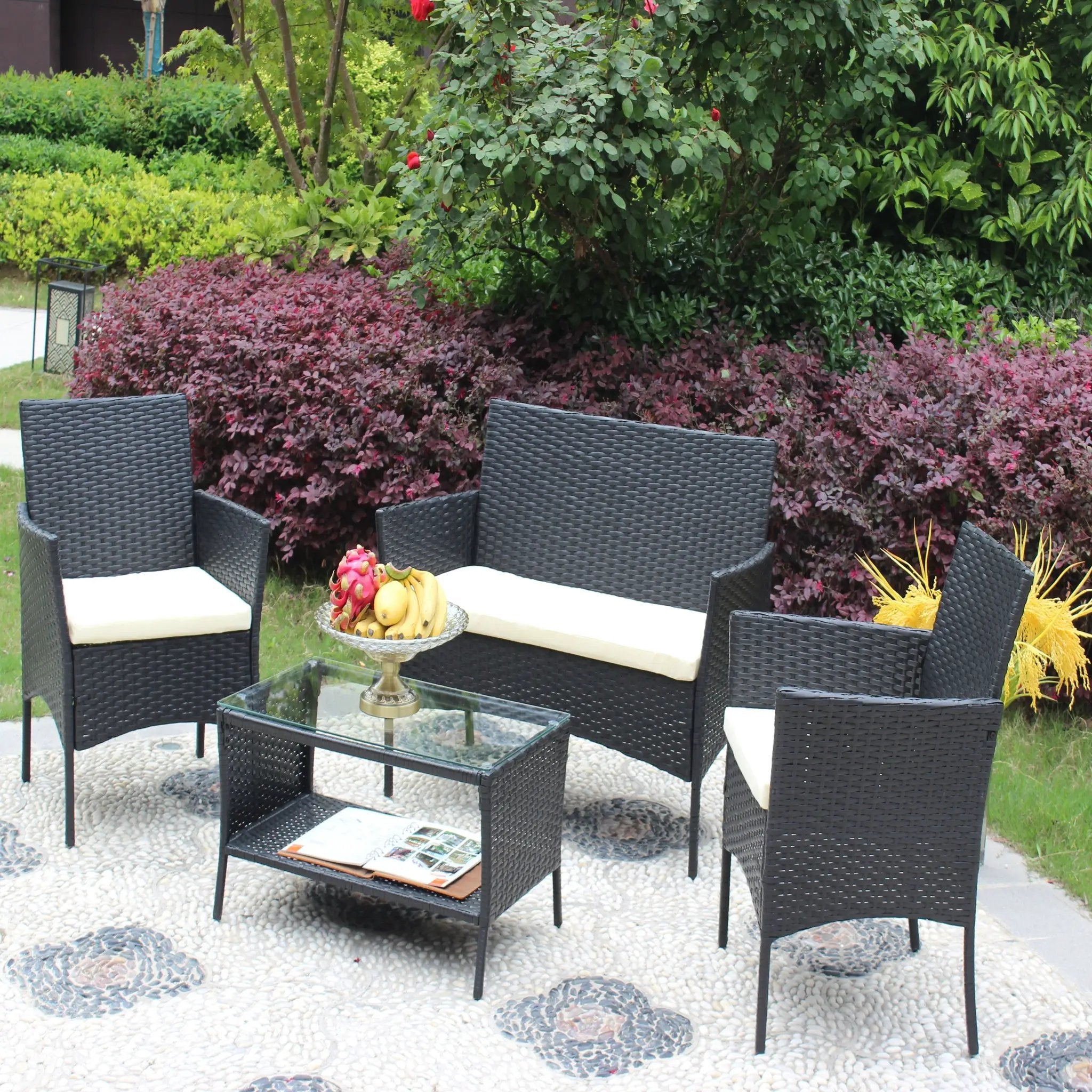 4 PC Rattan Patio Furniture Set Outdoor Cushioned Wicker Sofa by HouseOfZazla
