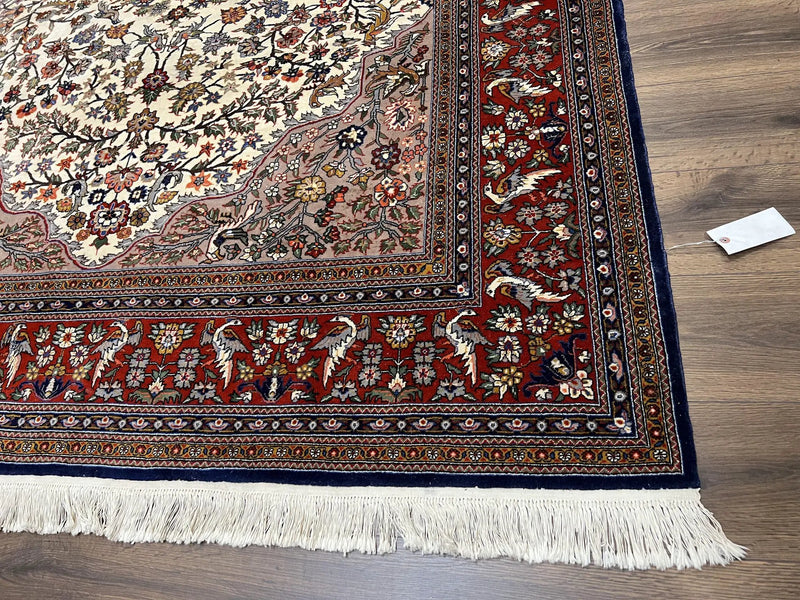 Beautiful Sino Persian Rug 7x10, Circle of Life Tree of Life Rug, Birds, Cream Red Navy Blue Taupe, Wool Silk Accents, Hand Knotted Vintage by Jewel Rugs