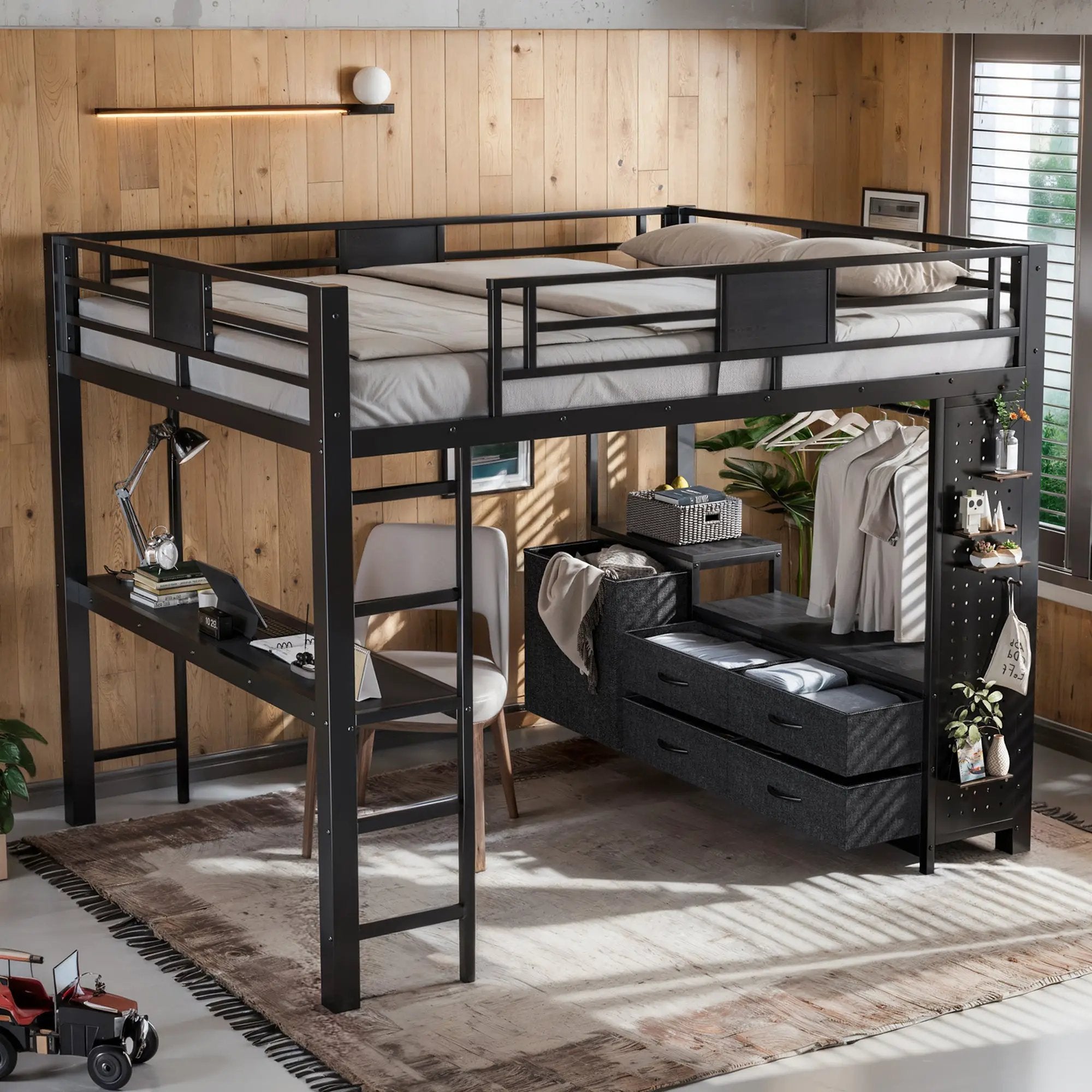 Queen Size Loft Bed with Desk & Shelves by HouseOfZazla