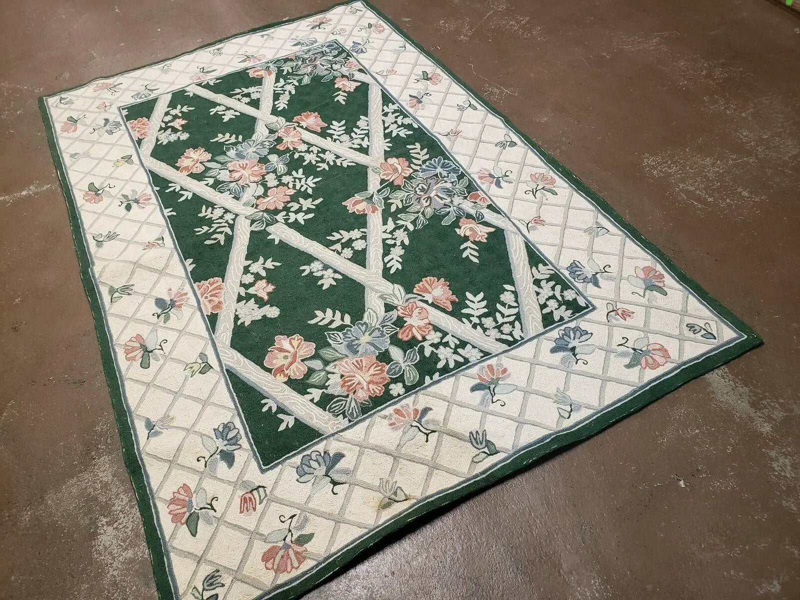 3' 6" X 5' 6" Hand Stitched Indian Wool Rug with Backing Green Beige by Jewel Rugs