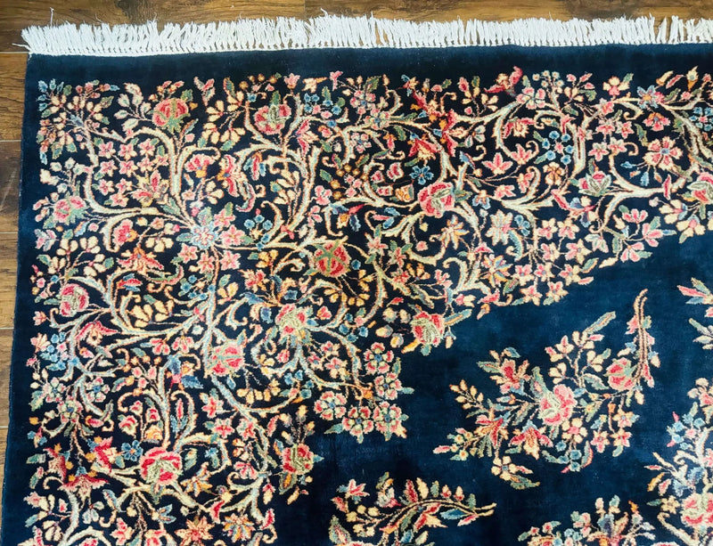 Antique Persian Kerman Rug 10x13, Navy Blue Floral Carpet, Fine 270 KPSI by Jewel Rugs